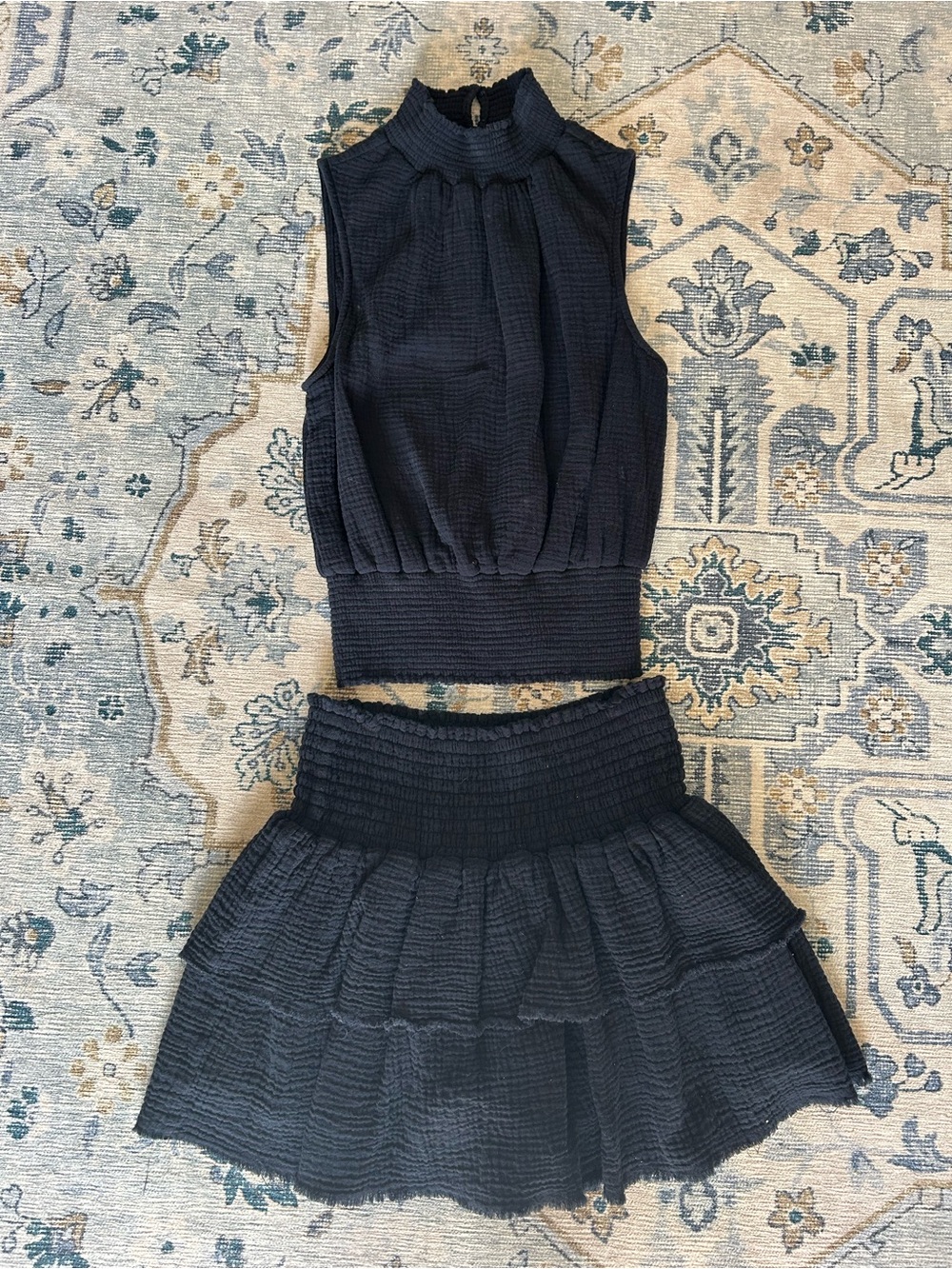 Black Two-Piece Smocked Crop Top & Tiered Mini Skirt (Top-XS & Skirt-S)